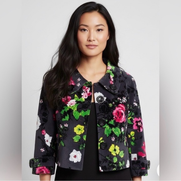 Carlisle Jackets & Blazers - Vintage Carlisle Black Floral Cropped Pea Coat with Pink & Green Accents video